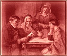 A picture depicting a man sitting a table reading the Bible to three women