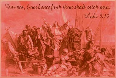 A picture depicting Jesus surounded by His disciples and teaching the people with a quote of Luke 5:10